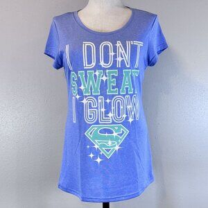 Superman Womens XL Athletic Tee Shirt "I Dont Sweat I Glow" Blue Graphic Print